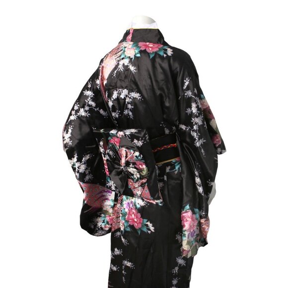 Satin Kimono Floral Japanese Style Dress Flower Peacock Belt Black Pink Blue NEW - Picture 13 of 14